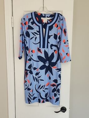 Gretchen Scott Designs Light Blue Dress with Navy & Coral Floral Accents